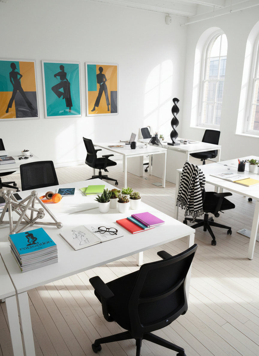 A professional “team” representation for a model agency shown through an array of personalized workstations instead of people: ergonomic chairs pulled back from sleek white desks, each desk differentiated by distinctive objects like bold geometric sculptures, vibrant headphones, fashion magazines with abstract covers, and color-coded notebooks. Large, framed, text-free campaign posters with stylized silhouettes line a bright studio wall. Soft afternoon sunlight streams through tall windows, creating long, clean shadows across the pale wooden floor. Photographed from a slightly elevated, diagonal angle with sharp focus throughout, the scene communicates a diverse, energetic, and creative team presence while remaining human-free, matching Munchkin Agency’s bold, modern, photographic aesthetic.