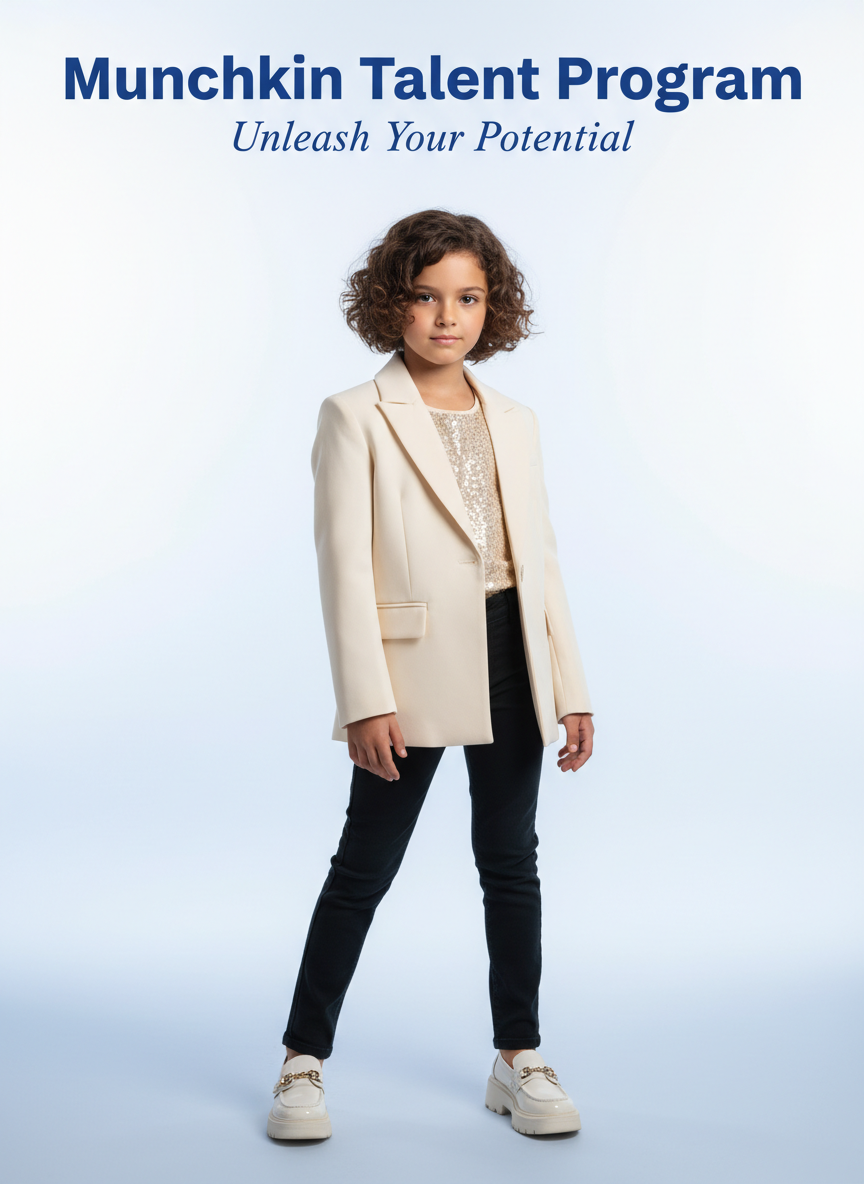 A bold, professional hero image for "Munchkin Talent Program". Features a confident young child or teen model in stylish editorial attire, bright studio lighting, polished and aspirational. Text overlay in the image reads "Munchkin Talent Program" — NOT "Ascension" or "Ascend". Clean white or soft gradient background, magazine-quality photography. Agency branding aesthetic.