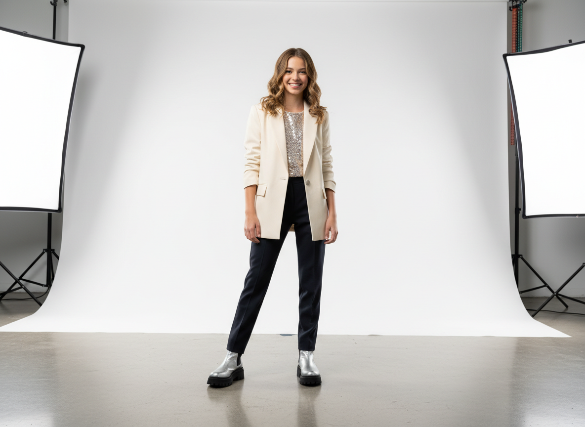 A professional editorial image for the Munchkin Talent Program outcomes section. Shows a confident young child or teen model in stylish attire in a bright, polished studio setting. Aspirational, magazine-quality. No text in the image.
