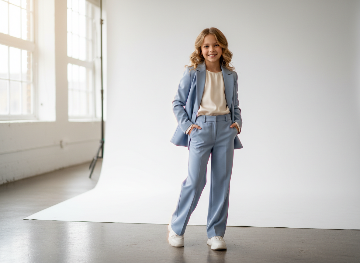 A professional editorial outcomes image for Munchkin Talent Program. Shows a confident young child or teen model in stylish attire in a bright, polished studio setting. Aspirational, magazine-quality photography. No text overlay, no branding text in the image.