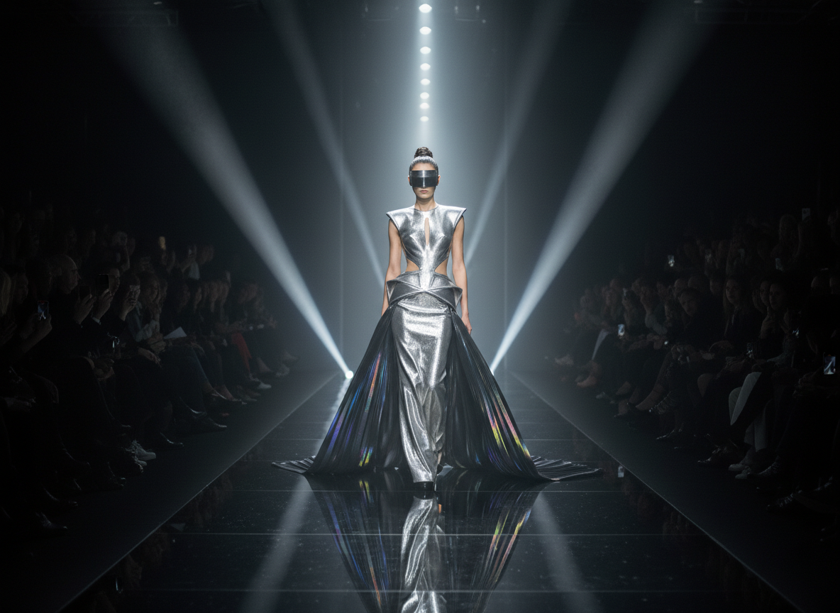 A high-end fashion runway show with a model walking a dark catwalk under dramatic spotlights