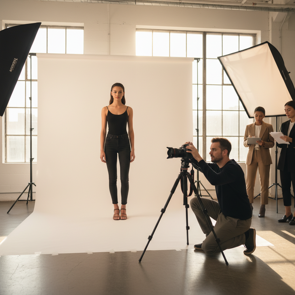 A model agency casting session in a bright studio with a model posing in front of a white backdrop