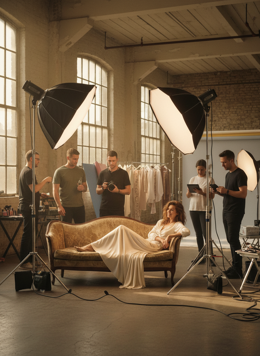 Behind-the-scenes at a fashion photo shoot with a model posing while crew sets up lighting