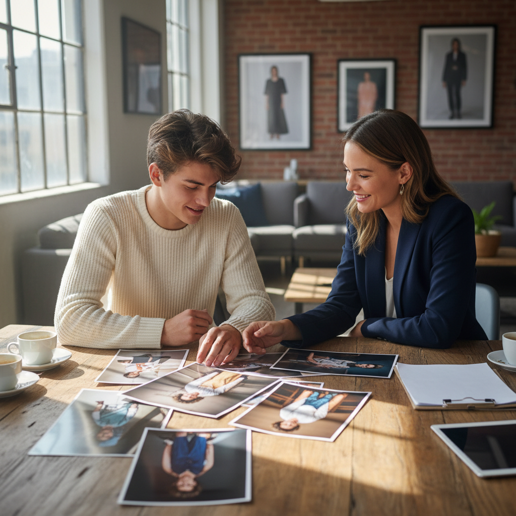 A model and agent reviewing printed portfolio photos together at a table
