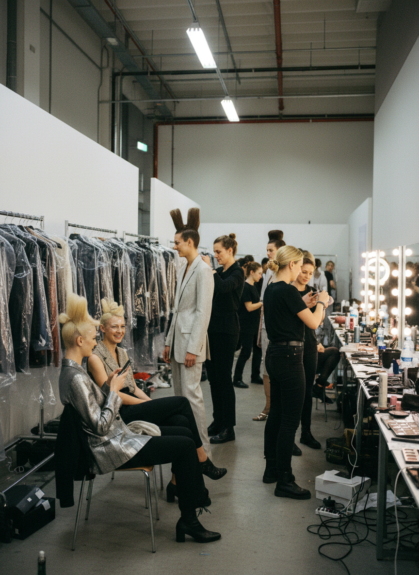 A cinematic behind-the-scenes fashion shoot concept where instead of human models, chrome-finished, faceless humanoid figures pose on a seamless white backdrop. Softbox lights on tall stands, reflectors, and a tethered camera on a sturdy tripod surround them, all arranged on a glossy studio floor that reflects subtle highlights. Cables snake neatly across the ground, leading to a large monitor showing a stylized, text-free preview of the shot as vibrant geometric shapes. Dramatic but soft studio lighting creates crisp edges and subtle gradients across the chrome figures. Captured from a low, three-quarter angle, the photograph feels bold, exciting, and in-motion, revealing the agency’s production capabilities without depicting actual people.