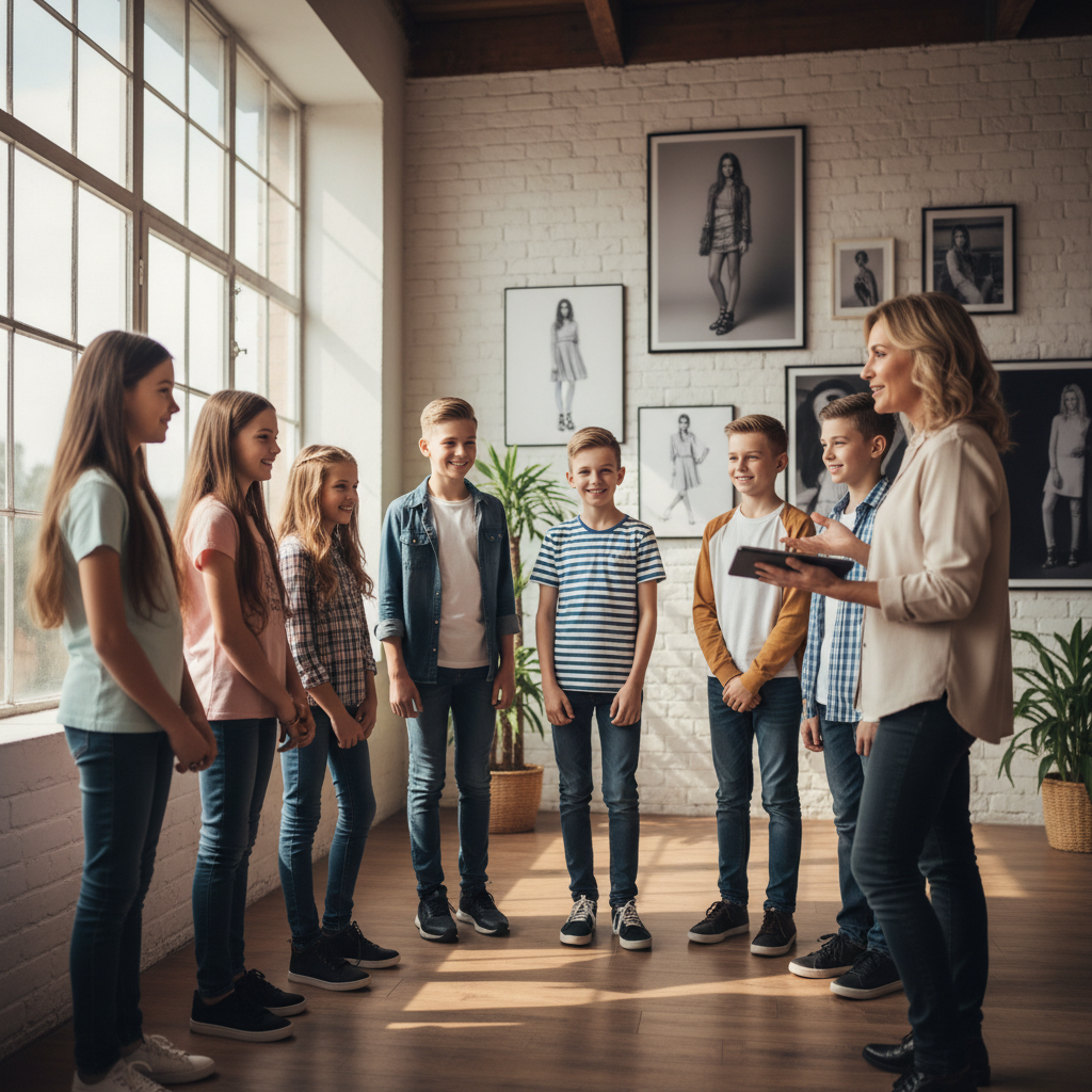 A real candid photo of a diverse group of young models and talent in a professional studio, being coached by an agent, warm and approachable atmosphere, natural lighting, documentary style photography