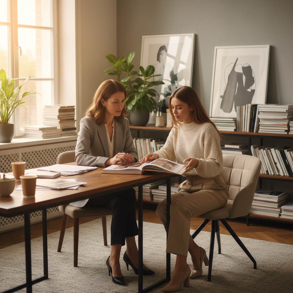 A professional “team” representation for a model agency shown through an array of personalized workstations instead of people: ergonomic chairs pulled back from sleek white desks, each desk differentiated by distinctive objects like bold geometric sculptures, vibrant headphones, fashion magazines with abstract covers, and color-coded notebooks. Large, framed, text-free campaign posters with stylized silhouettes line a bright studio wall. Soft afternoon sunlight streams through tall windows, creating long, clean shadows across the pale wooden floor. Photographed from a slightly elevated, diagonal angle with sharp focus throughout, the scene communicates a diverse, energetic, and creative team presence while remaining human-free, matching Munchkin Agency’s bold, modern, photographic aesthetic.