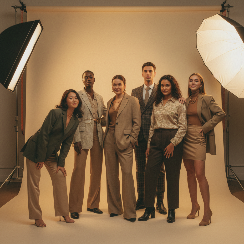 A professional “team” representation for a model agency shown through an array of personalized workstations instead of people: ergonomic chairs pulled back from sleek white desks, each desk differentiated by distinctive objects like bold geometric sculptures, vibrant headphones, fashion magazines with abstract covers, and color-coded notebooks. Large, framed, text-free campaign posters with stylized silhouettes line a bright studio wall. Soft afternoon sunlight streams through tall windows, creating long, clean shadows across the pale wooden floor. Photographed from a slightly elevated, diagonal angle with sharp focus throughout, the scene communicates a diverse, energetic, and creative team presence while remaining human-free, matching Munchkin Agency’s bold, modern, photographic aesthetic.