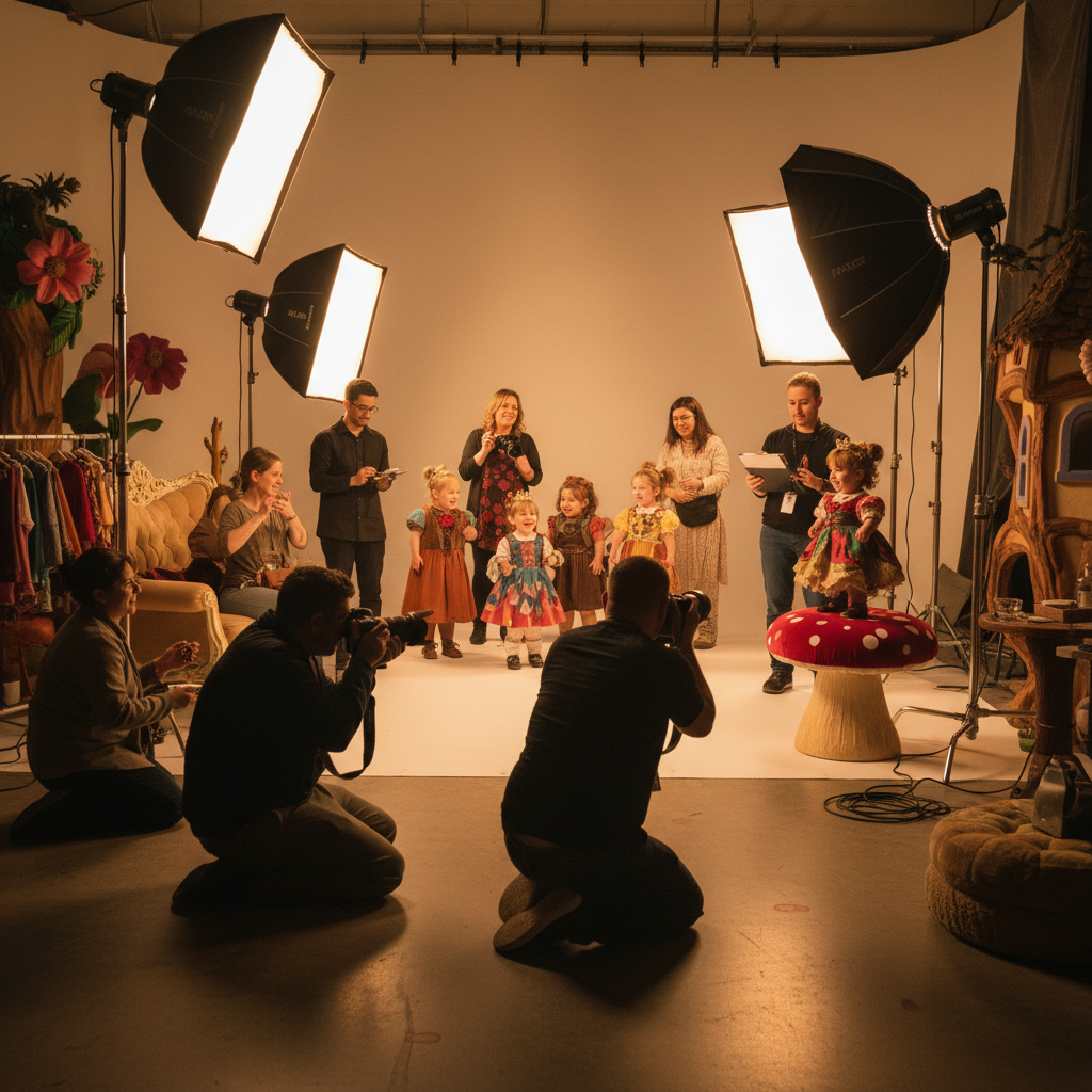 A cinematic behind-the-scenes fashion shoot concept where instead of human models, chrome-finished, faceless humanoid figures pose on a seamless white backdrop. Softbox lights on tall stands, reflectors, and a tethered camera on a sturdy tripod surround them, all arranged on a glossy studio floor that reflects subtle highlights. Cables snake neatly across the ground, leading to a large monitor showing a stylized, text-free preview of the shot as vibrant geometric shapes. Dramatic but soft studio lighting creates crisp edges and subtle gradients across the chrome figures. Captured from a low, three-quarter angle, the photograph feels bold, exciting, and in-motion, revealing the agency’s production capabilities without depicting actual people.
