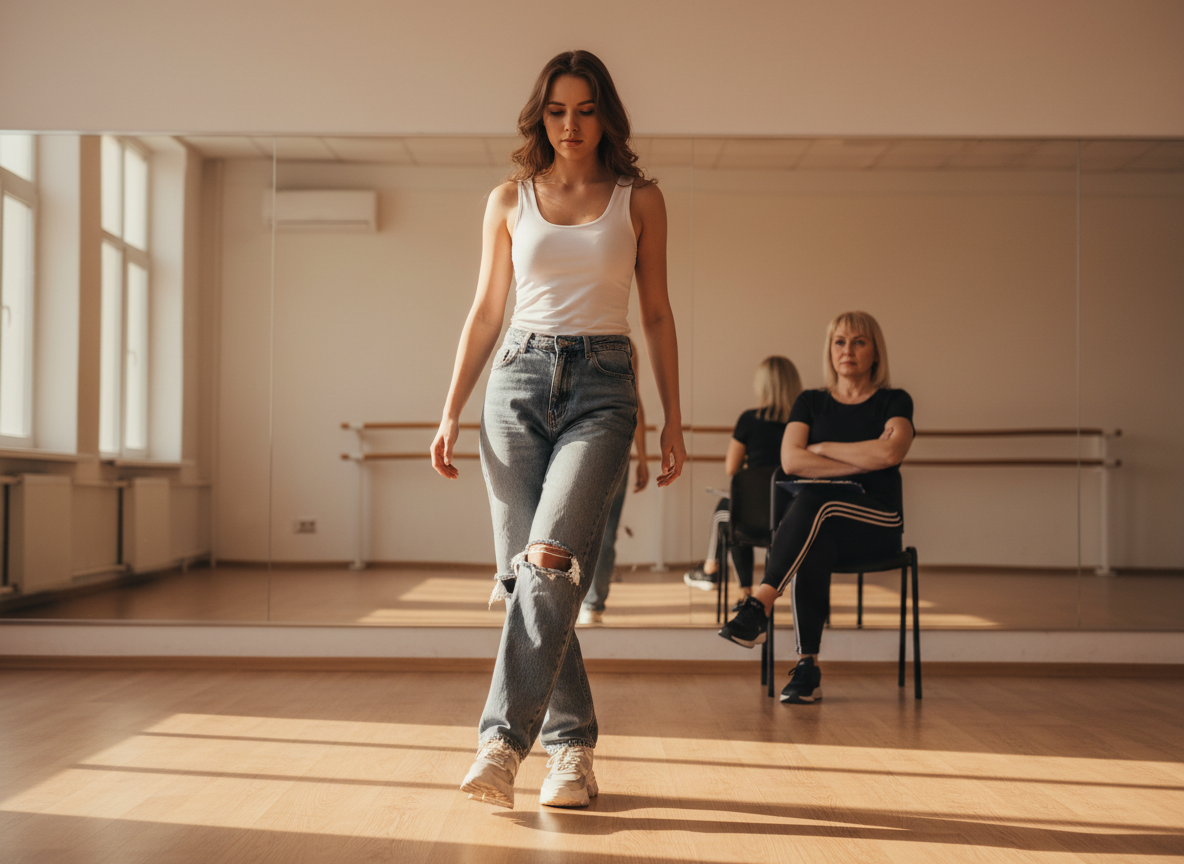 Model practising walk in studio